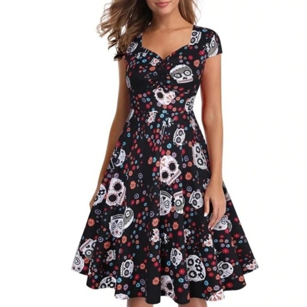 OTEN Womens Sugar Skull Floral Rockabilly Swing Dress Black Goth Grunge Plus 3XL